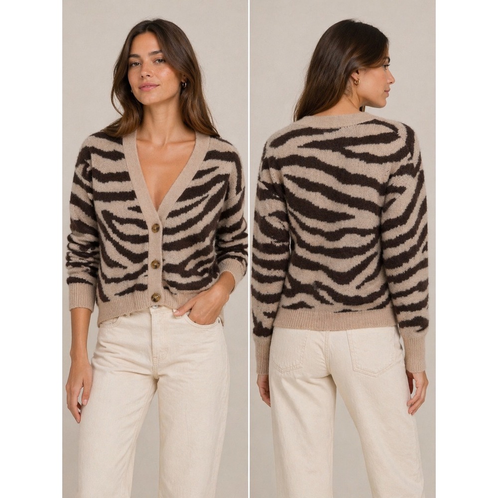 J.Crew Cardigan Women S Tan Brown Zebra Print Wool Alpaca Blend BJ570 Mob Wife